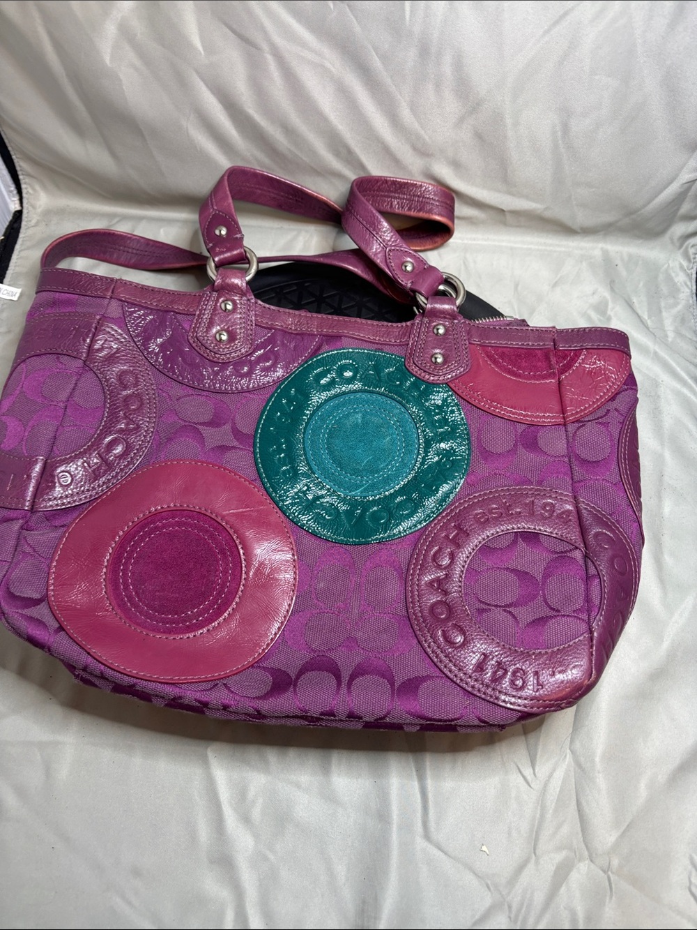 Coach Purple Tote with Pink and Teal Circular Accents
